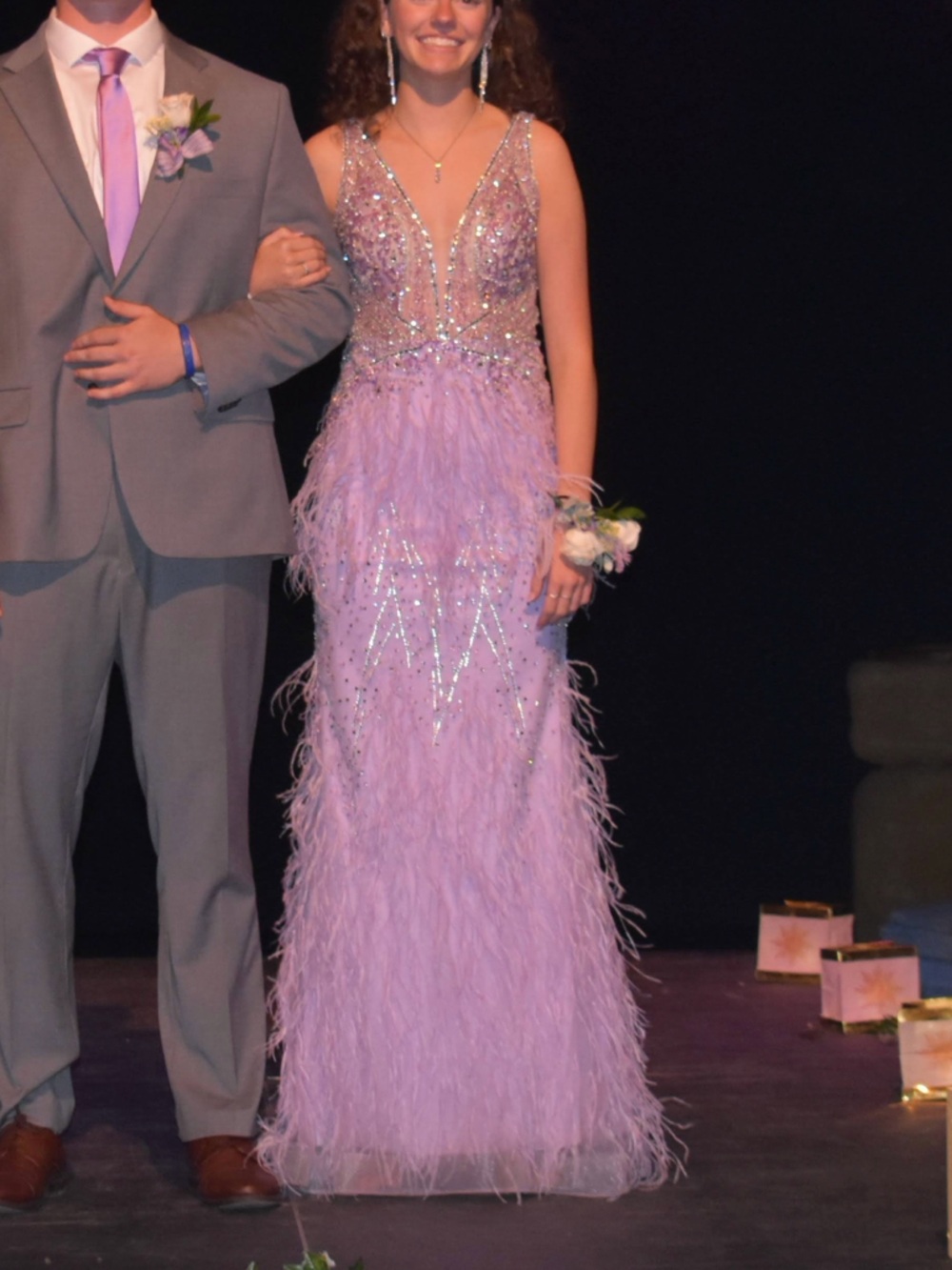 Jovani - 03023 Sheer Bodice Beaded Adorned Feather Fitted Evening Gown lavender